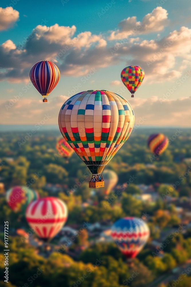 Obraz premium A colorful hot air balloon festival with miniature balloons floating in the sky, enhanced by the tilt-shift effect. 