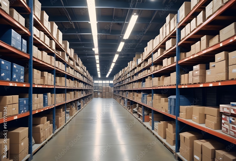 Warehouse in the warehouse. A large industrial warehouse with rows of shelves stocked with cardboard boxes and other storage containers. Warehouse in the warehouse. A large industrial warehouse with rows of shelves stocked with cardboard boxes and other storage containers.