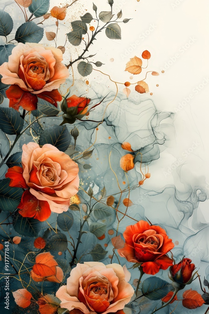 An elegant wedding card template with a sophisticated floral border, featuring roses, leaves, gold lines, and a marble abstract background An elegant wedding card template with a sophisticated floral border, featuring roses, leaves, gold lines, and a marble abstract background
