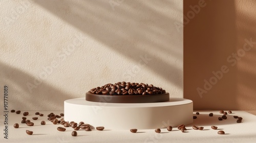 3d rendering of coffee beans on white podium with brown background for product presentation, mockup design template, Minimal