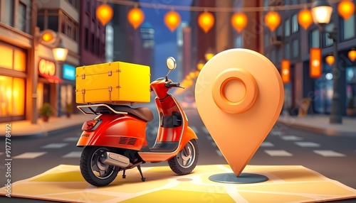 3d rendered image of A red scooter with a yellow delivery box on the back, parked on a map with a location pin icon beside