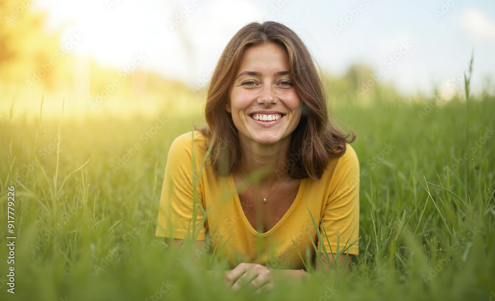 Woman with radiant smile relaxing in lush green meadow against golden sunlight Woman with radiant smile relaxing in lush green meadow against golden sunlight