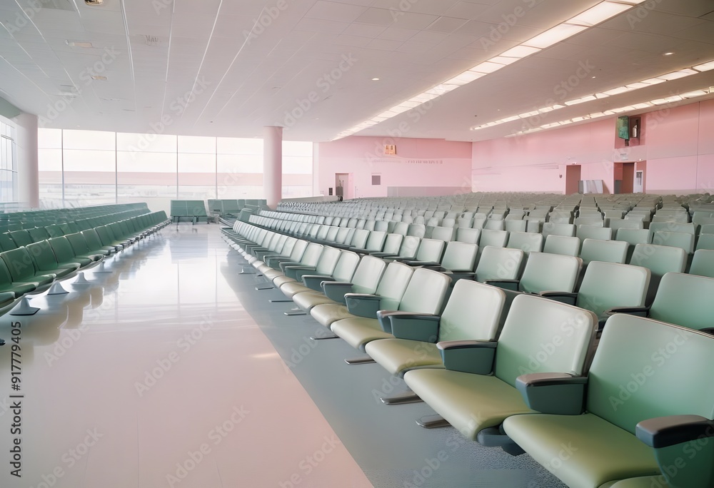 Naklejka premium Interior of a modern airport. An empty airport terminal with rows of green seats and luggage on the floor