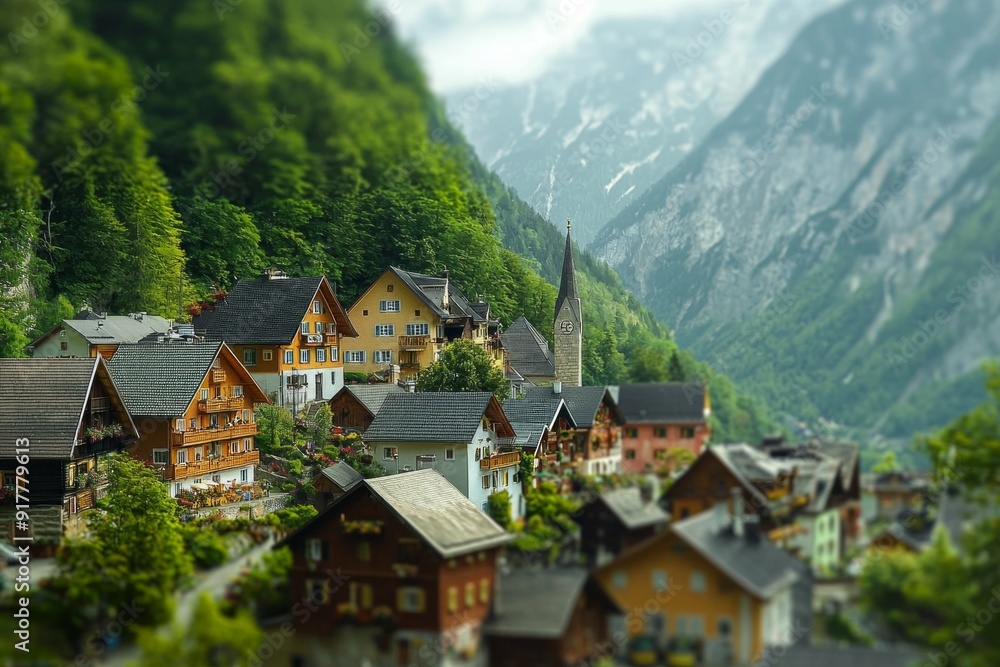 A village nestled in the mountains, with houses and trees appearing as miniatures due to the tilt-shift effect. A village nestled in the mountains, with houses and trees appearing as miniatures due to the tilt-shift effect.
