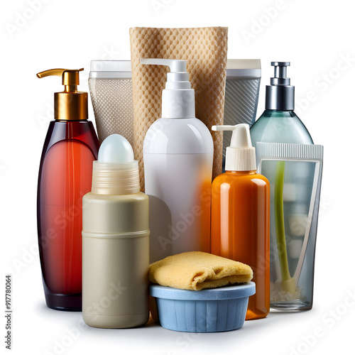 set of cosmetic products, various toiletries isolated on transparent white background for mock-up design