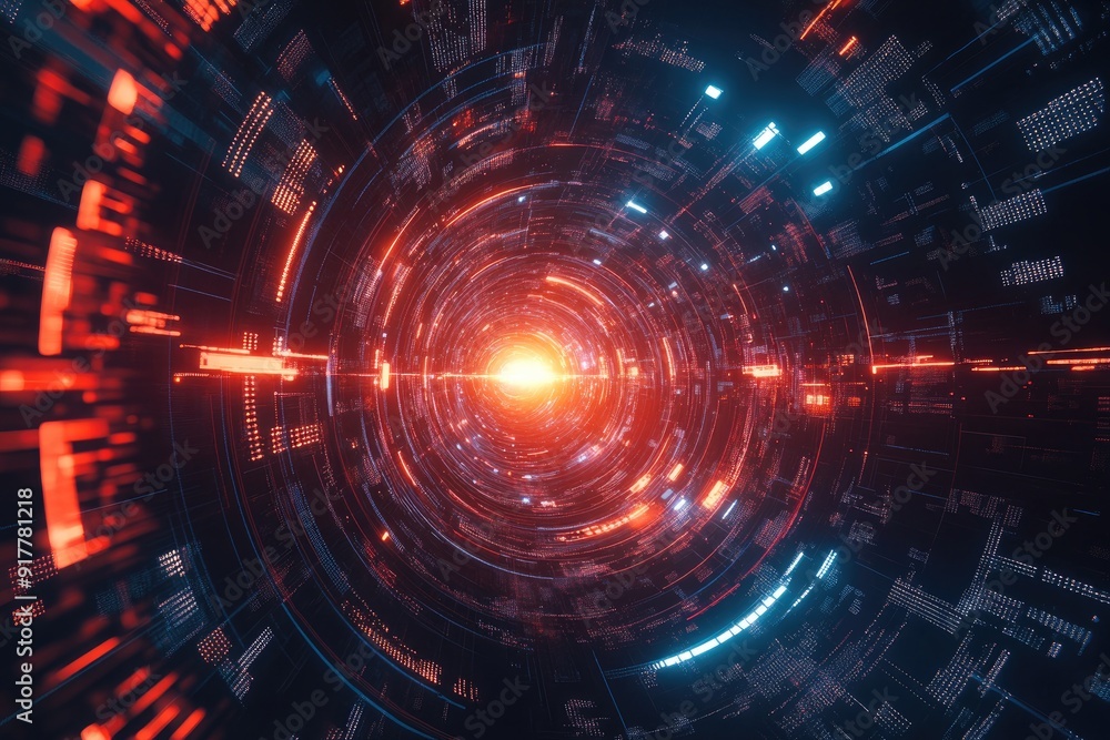 Fototapeta premium Abstract Circular Tunnel with Neon Lights and Data Patterns