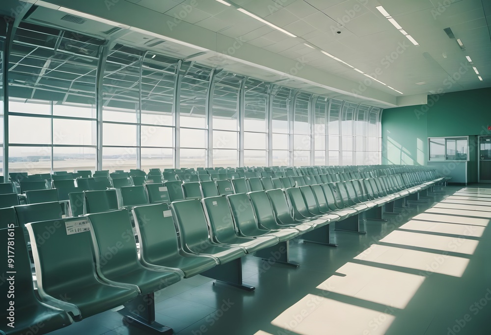 Fototapeta premium Waiting room in the airport. An empty airport terminal with rows of green leather seats, large windows, and fluorescent lighting