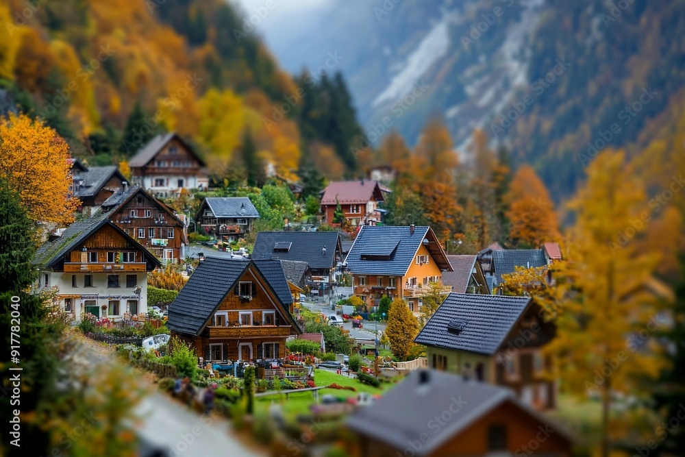 A village nestled in the mountains, with houses and trees appearing as miniatures due to the tilt-shift effect. A village nestled in the mountains, with houses and trees appearing as miniatures due to the tilt-shift effect.