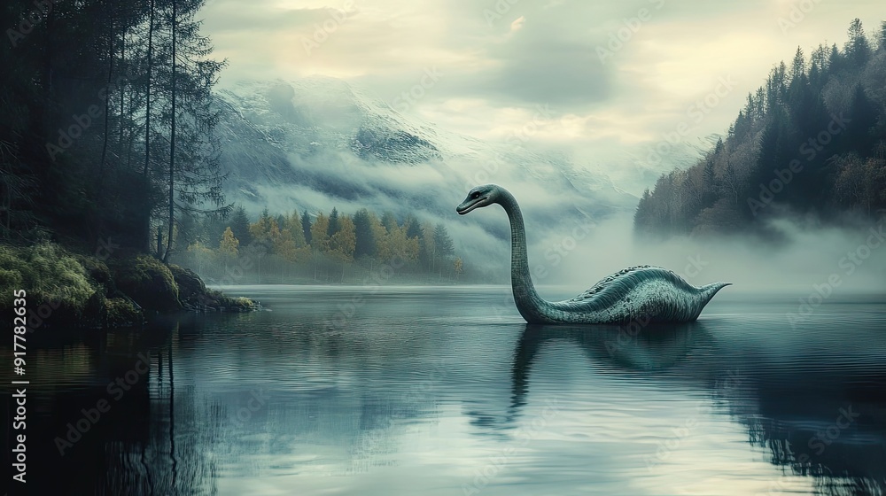 A mythical creature, resembling a long-necked serpent, emerges from the mist-covered lake in a mountainous landscape. A mythical creature, resembling a long-necked serpent, emerges from the mist-covered lake in a mountainous landscape.
