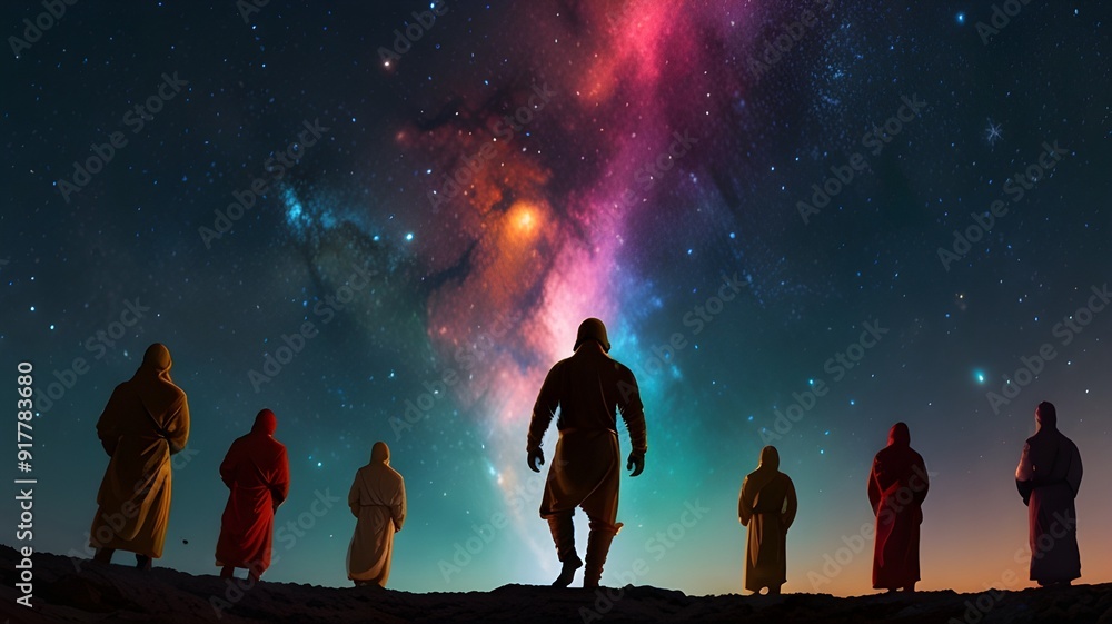 A person leading of galaxy and walking on it with beautiful style a beautiful scene shown from back side camera A person leading of galaxy and walking on it with beautiful style a beautiful scene shown from back side camera