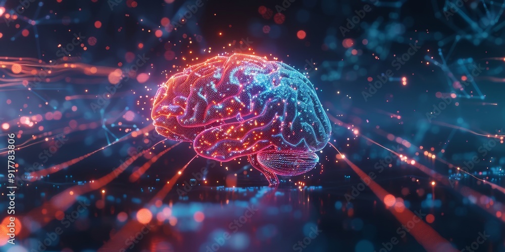 3D rendering of a digital brain with neural connections, surrounded by floating tech symbols and data streams, illustrating the advanced concepts of AI and machine learning 3D rendering of a digital brain with neural connections, surrounded by floating tech symbols and data streams, illustrating the advanced concepts of AI and machine learning