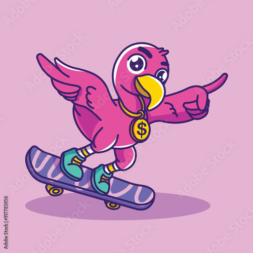 cute flamingo character playing skate board