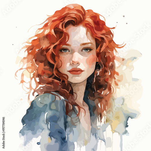 Ginger hair women watercolor illustration. vector art  