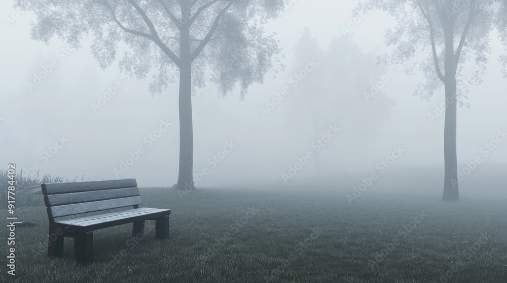 A foggy park scene with a single bench, barely visible through the thick mist, evoking solitude. A foggy park scene with a single bench, barely visible through the thick mist, evoking solitude.