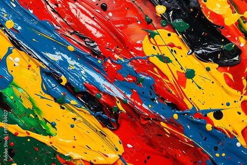 Chaotic splashes of bold primary colors, spontaneous and energetic composition, evokes excitement and unpredictability, sharp contrasts, layered textures