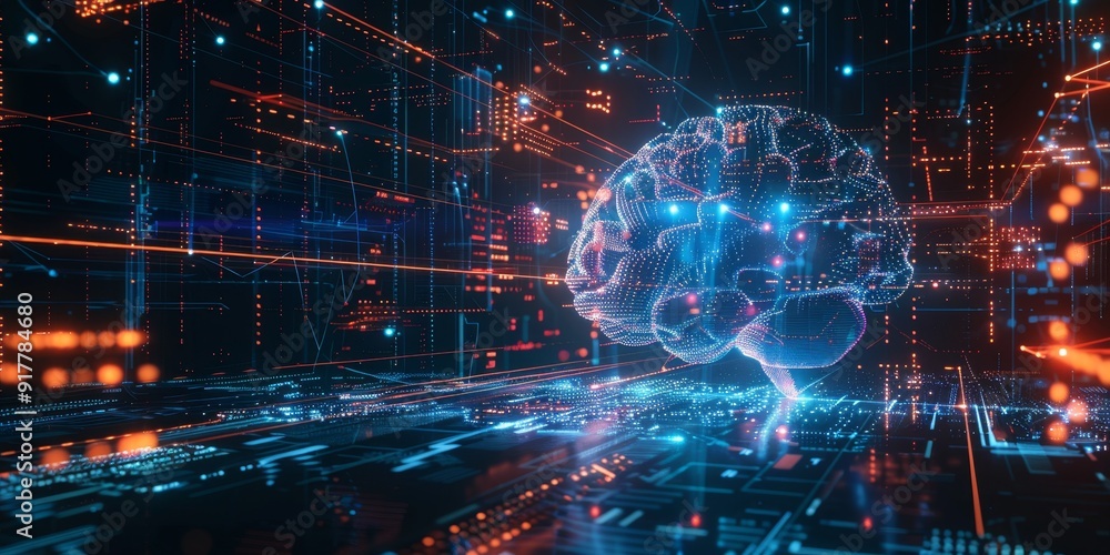 Futuristic digital brain with glowing lines and circuits, set against a background of tech symbols and data streams, illustrating the concept of artificial intelligence Futuristic digital brain with glowing lines and circuits, set against a background of tech symbols and data streams, illustrating the concept of artificial intelligence