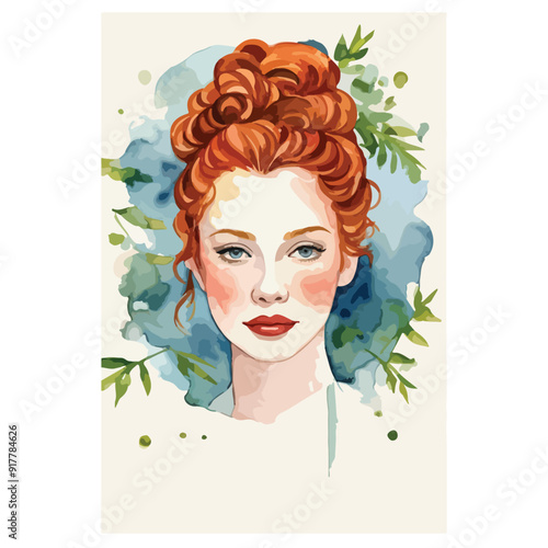 Ginger hair women watercolor illustration. vector art  