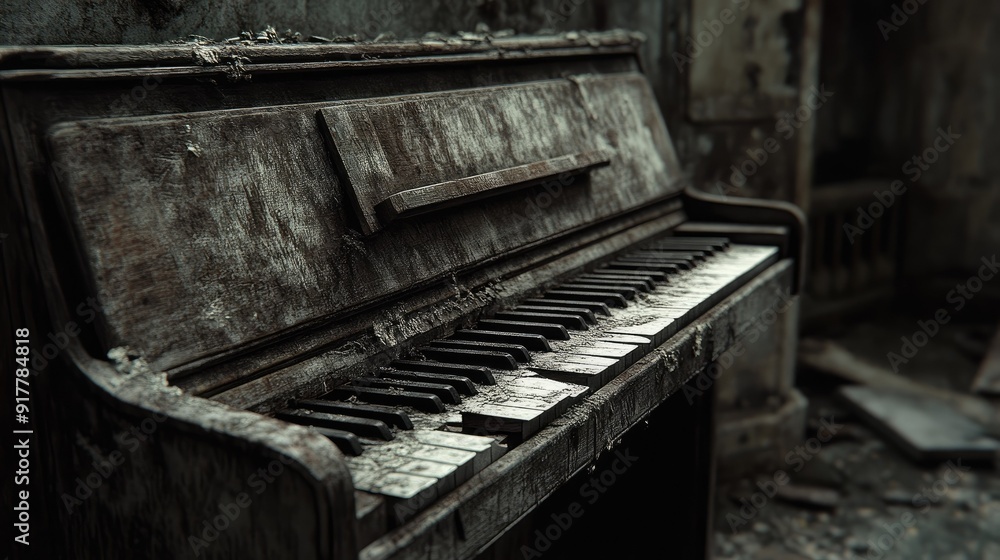 A forgotten piano sits in a dimly lit room, with a few broken keys and a layer of dust. A forgotten piano sits in a dimly lit room, with a few broken keys and a layer of dust.