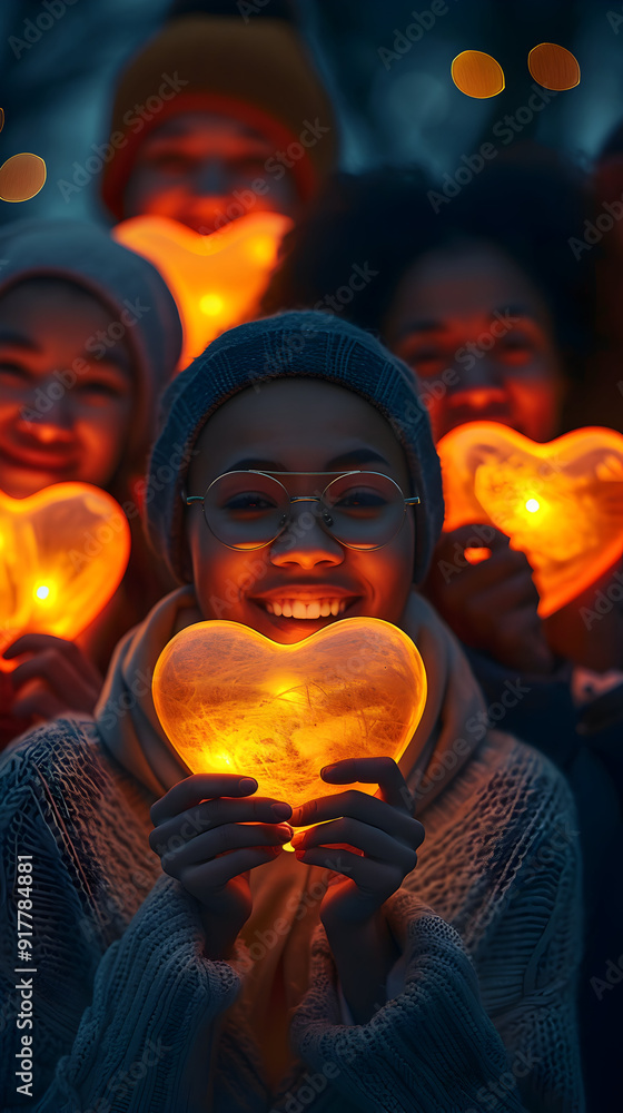 A Group of People Holding Glowing Hearts with Joyful Expressions on Dreamy Background Symbolizing a Productive and Happy Friendly Environment A Group of People Holding Glowing Hearts with Joyful Expressions on Dreamy Background Symbolizing a Productive and Happy Friendly Environment
