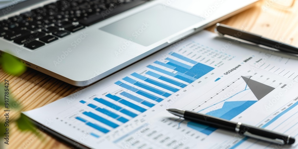 High-angle view of an office desk with an appraisal report, financial charts, a pen, and a laptop, symbolizing professional evaluation and meticulous review High-angle view of an office desk with an appraisal report, financial charts, a pen, and a laptop, symbolizing professional evaluation and meticulous review