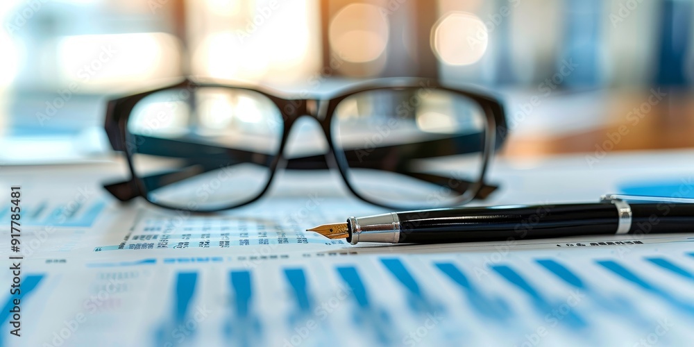 Close-up of an office desk with an open appraisal report, pen, and glasses, emphasizing the meticulous review and evaluation process in a corporate environment Close-up of an office desk with an open appraisal report, pen, and glasses, emphasizing the meticulous review and evaluation process in a corporate environment