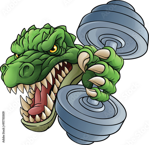 A crocodile, dinosaur or alligator lizard weight lifting trainer, exercise or body building gym cartoon sports mascot holding weights dumbbell