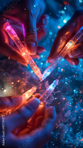 Wallpaper Mural Photo stock image of people using glowing pens in a productive meeting with joyful faces against a dreamy background. Torontodigital.ca