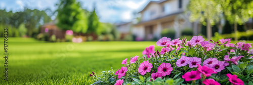 closeup of beautiful backyard multicolored flower garden and lawn grass shrubs  with luxury home on background