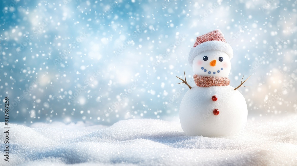 Happy snowman standing in christmas landscape. Snow background with copy space Happy snowman standing in christmas landscape. Snow background with copy space