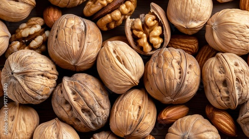  A group of nuts arranged on a wooden table near a nut pile