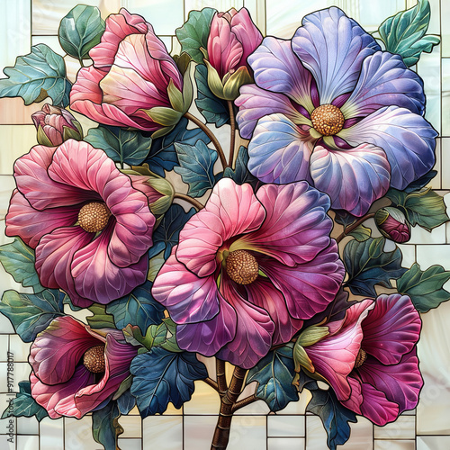 Wallpaper Mural Stunning stained glass artwork depicting a bouquet of pink and purple hollyhock flowers with detailed leaves, set against a soft, light background. Torontodigital.ca