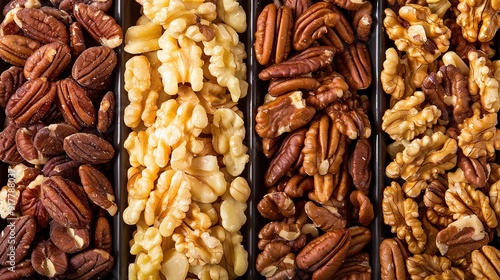   A variety of nuts and shells arranged neatly in rows on top of each other in trays