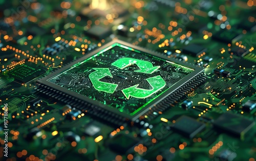 Green technology concept, green recycle sign on circuit board, environment, tech innovations, AI generated illustration, highquality image photo