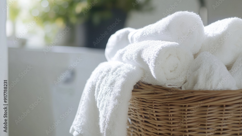 A laundry basket brimming with white towels, captured in a fresh and well-lit environment. A laundry basket brimming with white towels, captured in a fresh and well-lit environment.