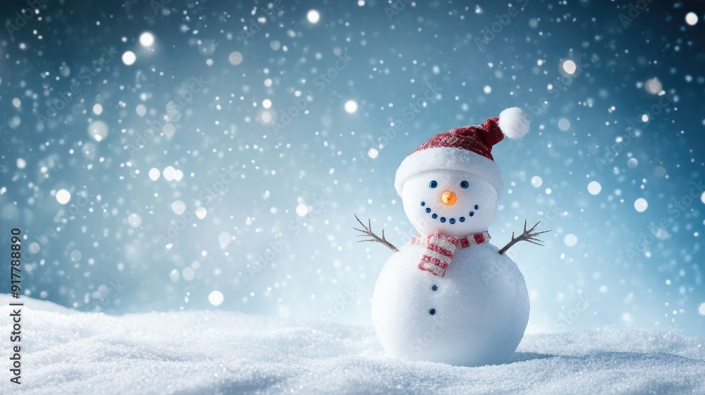 Happy snowman standing in christmas landscape. Snow background with copy space Happy snowman standing in christmas landscape. Snow background with copy space