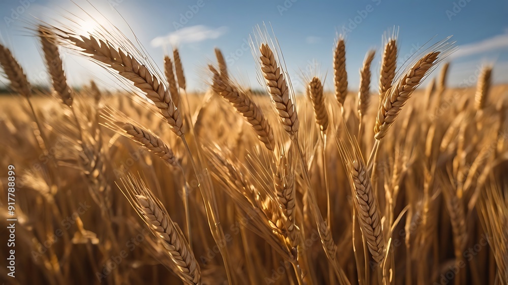 Fototapeta premium Close-up view of a golden wheat farm under clear sky and daylight