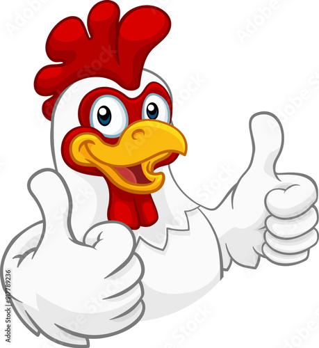 A chicken cartoon rooster cockerel character mascot giving a thumbs up.