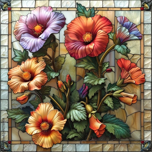 Wallpaper Mural Stunning stained glass artwork depicting a bouquet of pink and purple hollyhock flowers with detailed leaves, set against a soft, light background. Torontodigital.ca