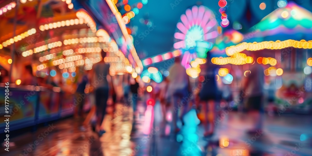 Blurred image of a carnival, with people enjoying rides, games, and colorful attractions, highlighting the fun and excitement of the event Blurred image of a carnival, with people enjoying rides, games, and colorful attractions, highlighting the fun and excitement of the event
