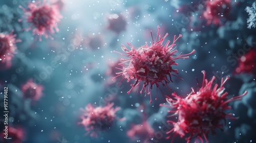 A dynamic 3D illustration of virus particles floating in the air, emphasizing their airborne nature and ease of spread.