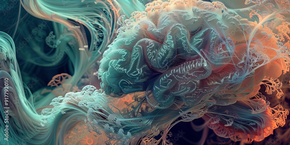 A mesmerizing visual of a brain forming intricate, swirling patterns, representing the complexity and elegance of thought processes and neural pathways A mesmerizing visual of a brain forming intricate, swirling patterns, representing the complexity and elegance of thought processes and neural pathways