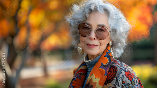 Beautiful stylish old woman with gray hair in sunglasses close up on a background with bokhe, portrait