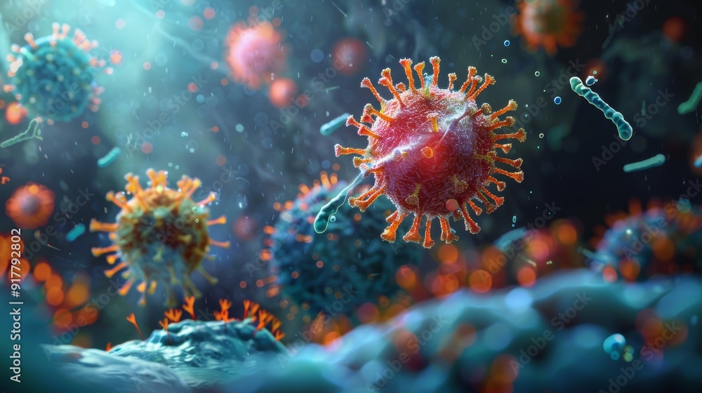 An educational 3D illustration of a virus interacting with receptors on a host cell membrane, explaining the process of viral recognition. An educational 3D illustration of a virus interacting with receptors on a host cell membrane, explaining the process of viral recognition.