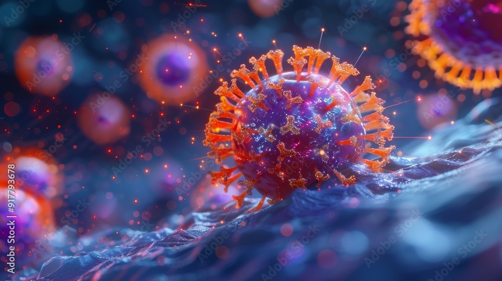 A dynamic 3D illustration of a virus particle replicating inside a host cell, illustrating the process of viral replication. A dynamic 3D illustration of a virus particle replicating inside a host cell, illustrating the process of viral replication.