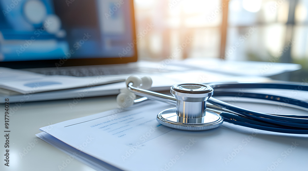 Stethoscope and Medical Documents on Desk, Laptop in Background, Bright Office with Natural Light Focusing on Healthcare Technology Stethoscope and Medical Documents on Desk, Laptop in Background, Bright Office with Natural Light Focusing on Healthcare Technology