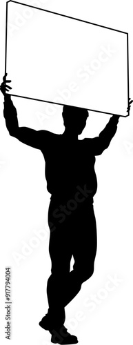 Protestor or demonstrator at a demonstration march, picket line or strike protest rally in silhouette. Holding up a banner or picket sign board placard.