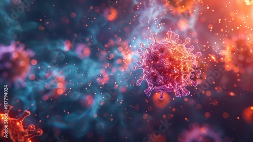 A vibrant 3D illustration of multiple virus particles floating in a dark background, symbolizing the spread of disease.