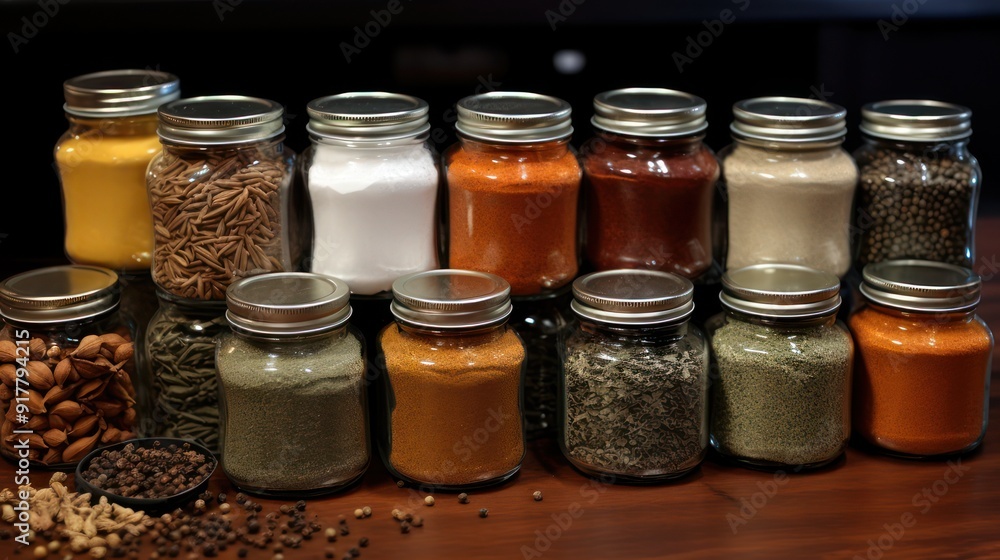 Illustration design of spices ingredients in bowls and jars on a wooden table Illustration design of spices ingredients in bowls and jars on a wooden table