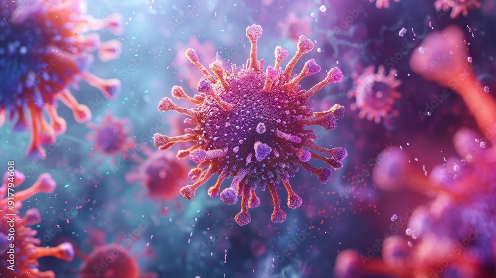 A detailed 3D illustration of a virus particle, showcasing its complex structure and surface proteins, representing the concept of viral infection. A detailed 3D illustration of a virus particle, showcasing its complex structure and surface proteins, representing the concept of viral infection.
