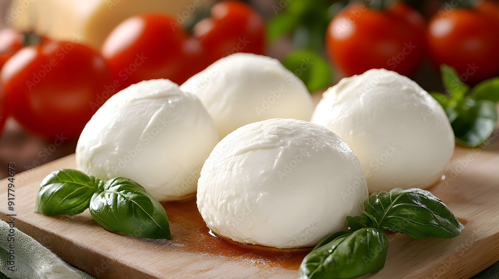 Large balls of Italian mozzarella di Bufala Campana on a chopping board with tomatoes and basil. Large balls of Italian mozzarella di Bufala Campana on a chopping board with tomatoes and basil.